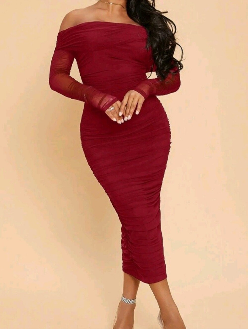 Off-Shoulder Ruched Midi Dress in Burgundy - Women